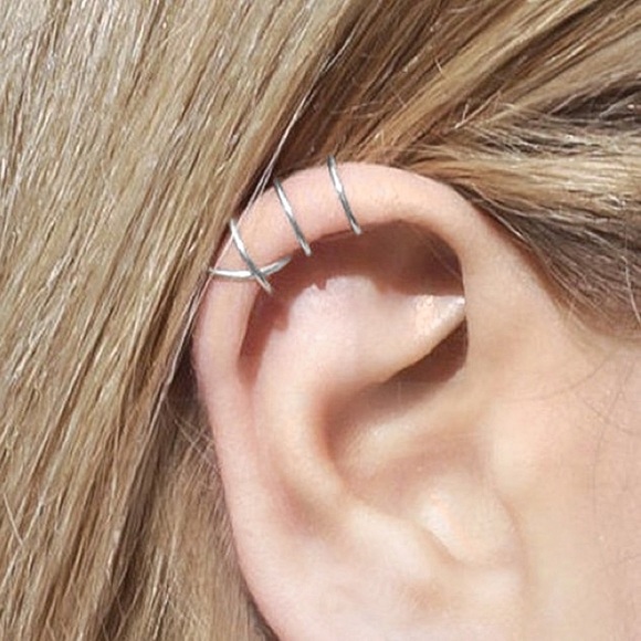 Any 2/$20! Set of 4 Silver Ear Cuffs: 2 Crossed & 2 Bar Ear Cuff Earrings - Picture 3 of 6